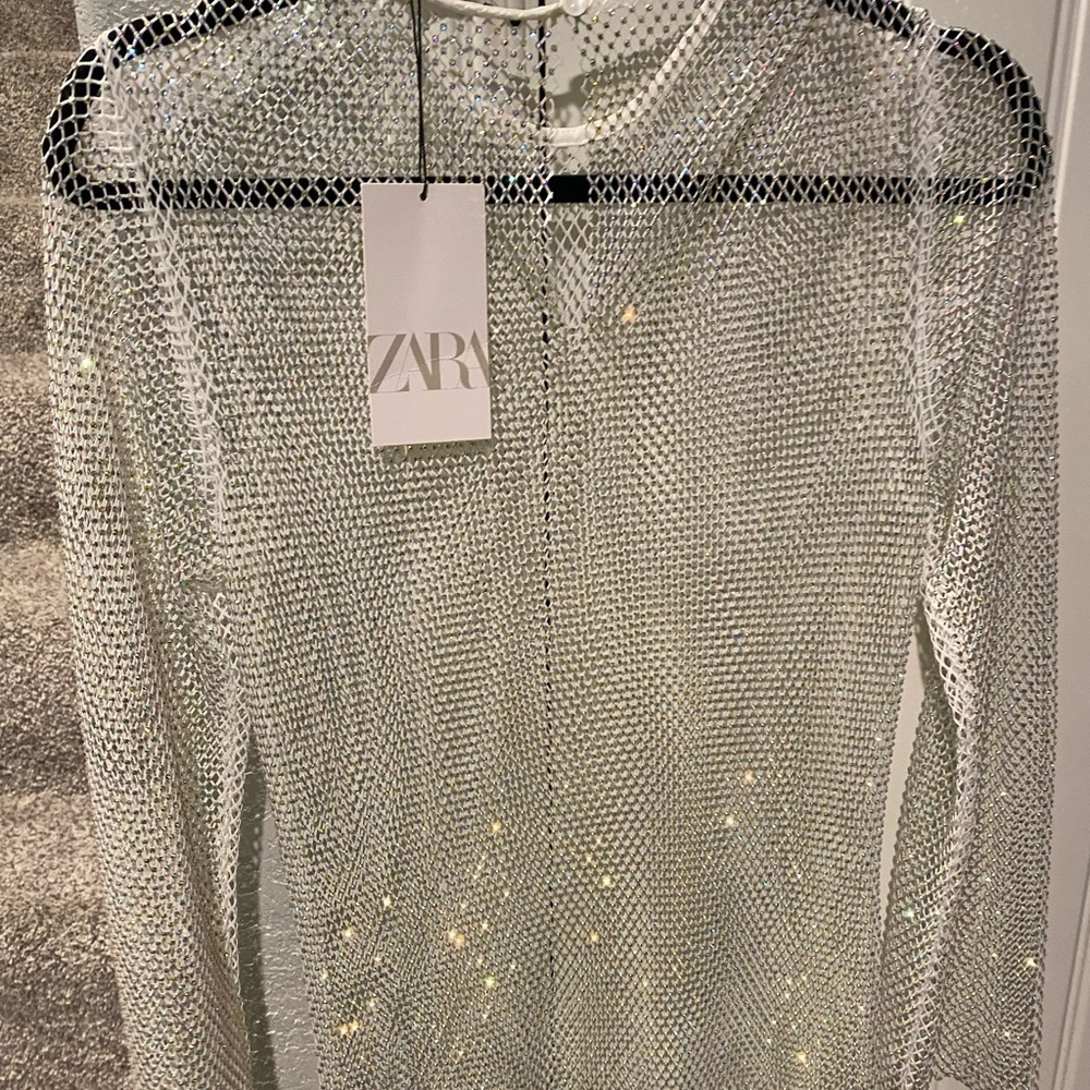 ZARA RHINESTONE MESH DRESS white sparkly size xs/s NWT - Picture 8 of 12